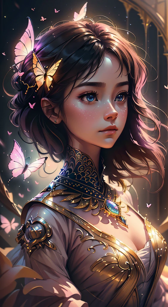 (((masterpiece))), (((best quality))), ((ultra-detailed)),(highly detailed CG illustration), ((an extremely delicate and beautiful)),cinematic light, Create a stunning fantasy artwork that mimics the style of currently trending masters of the genre. The art piece should contain elements of both mythic fantasy and fairytale fantasy with colorful accents. ((Utilize various shades of pink and watercolor pastels as the main color scheme.)) The character in the artwork is a delicate but strong  figure with an aura of mystery and magic. jewel-toned butterflies radiating a magical aura. Consider the latest trends in fantasy art, such as incorporating unique lighting effects, exploring dynamic and compelling composition techniques, and experimenting with unique color palettes. Take inspiration from the top artists on ArtStation and Midjourney. Camera: Choose an angle that highlights the character's beauty and enhances the magical majesty of the artwork. Lighting: Utilize atmospheric lighting techniques to create depth and mood. Resolution: Aim for a high-resolution artwork to showcase intricate details and clarity. Art Inspirations: Seek inspiration from the trending artists on ArtStation, exploring different styles, genres, and themes.
