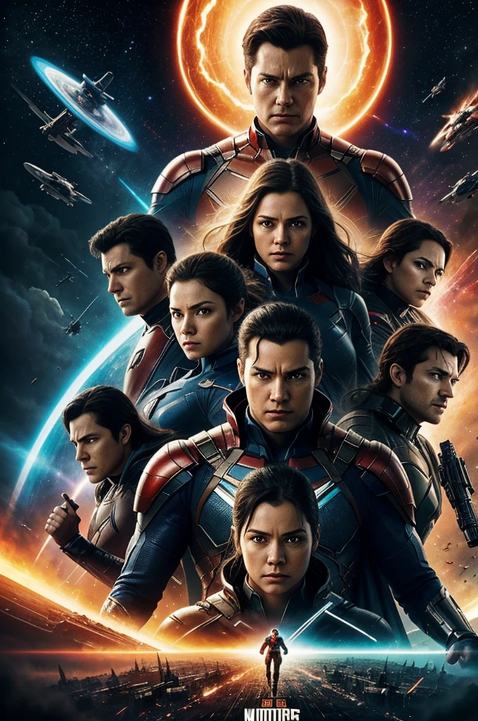 Intensely the film, a captivating poster for the superhero movie. The composition exudes cinematic lighting and color grading. A galactic view. In the center, a group of heroes 3 men and 2 women in battle. A bright and hopeful atmosphere. Inspired by the conceptual works of Maciej Kuciara, Jama Jurabayev e Wojtek Fus, This poster incorporates rich cinematic color grading.