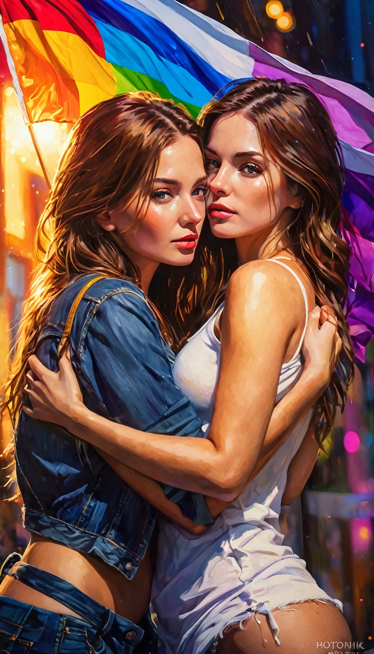 realistic oil painting, two girls in love, intimate embrace, passionate expression, pride flag in background, Bill Sienkiewicz inspired, masterful brushstrokes, vibrant colors, dramatic lighting, romantic mood, photorealistic, intricate details, cinematic composition, emotional depth, (best quality,8k,highres,masterpiece:1.2),ultra-detailed,(realistic,photorealistic,photo-realistic:1.37),HDR,UHD,studio lighting,extreme detail description,professional,vivid colors,bokeh