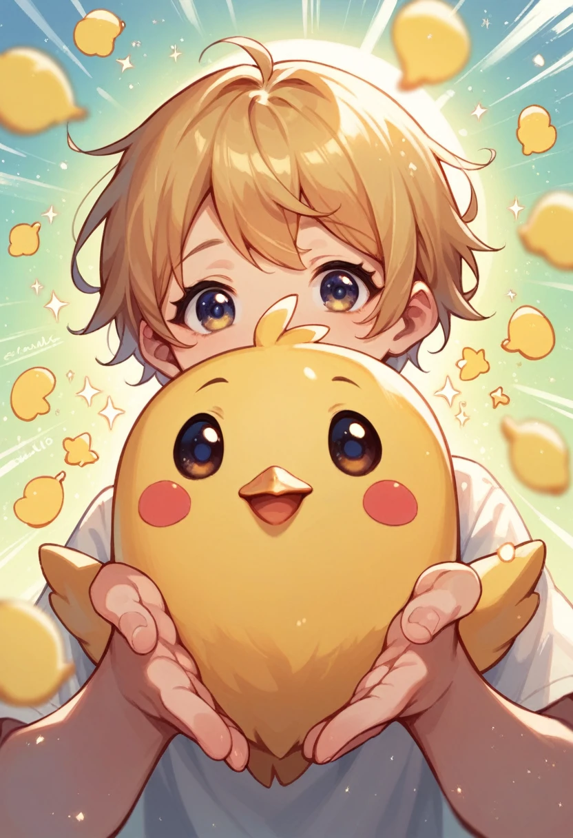 cute yellow chick, cartoon,arms, hands ,cute eyes, looking at viewer, arms, effects background, particles, random, sun day