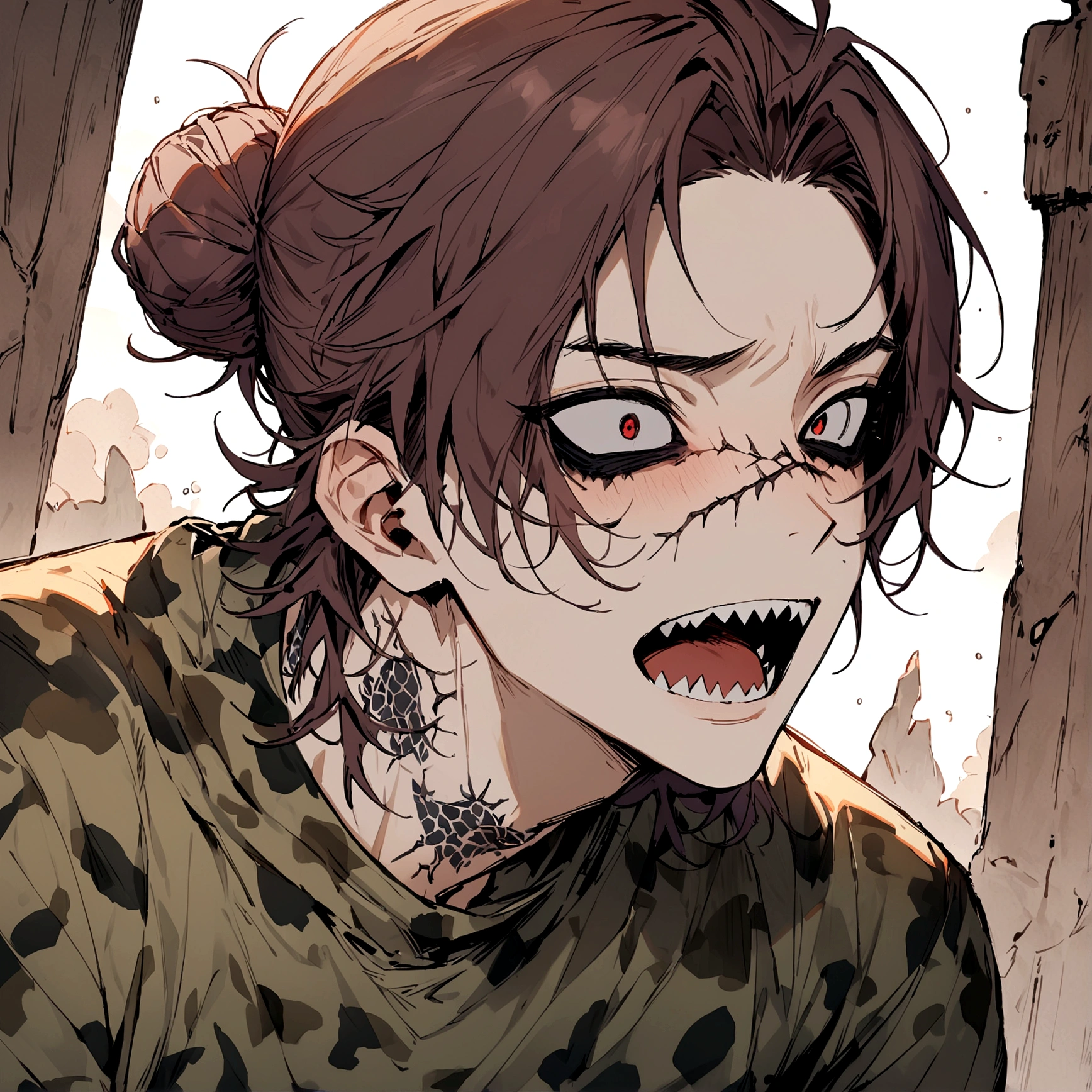 (masterpiece), best quality, expressive eyes, perfect face, Male, maroon messy hair-bun, neck roses tattoo. compression flecktarn camouflage shirt, long sleeves. Handsome, portrait, Shark teeth, Half-Shark, Shark Hybrid, Sharp teeth, black sclera, white iris, male Shark demihuman, white pupils, male, Mouth corner with cracks