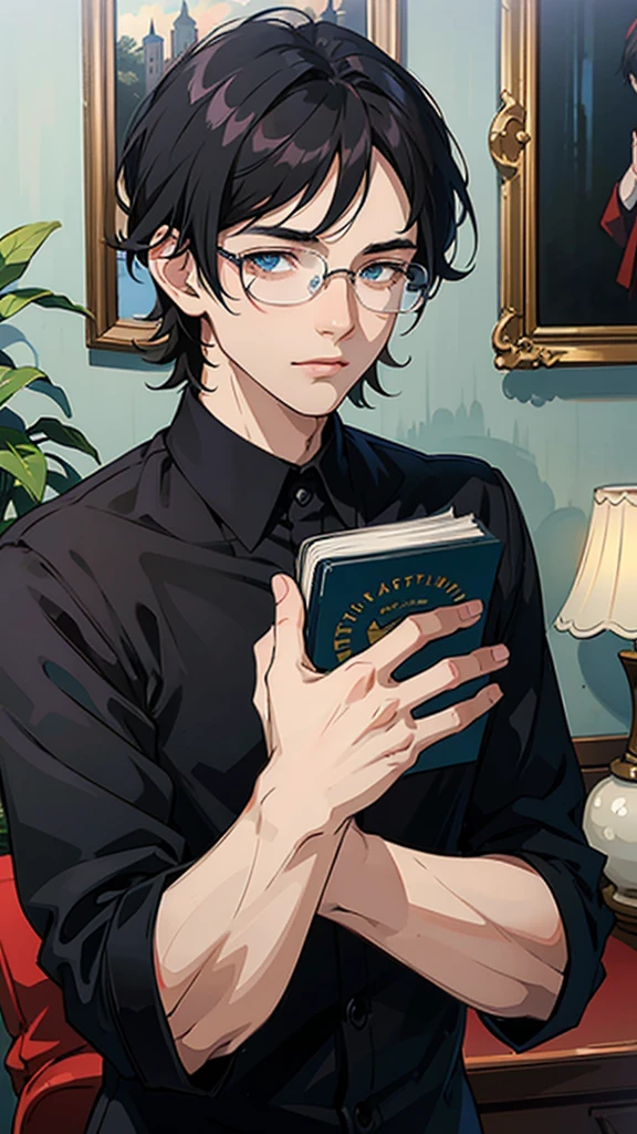 ((8K, masterpiece, high quality)), anime character, 1 man, young man, ((medium hair)), black hair, bangs between the eyes, Light blue eyes, pale skin, glasses, soft and passionate expression, sweet smile, very flushed cheeks, wearing a black shirt, book in his hands, photo shoot, portrait, living room scenario, perfect shadow and light, natural, very perfect, very detailed ((Make him look extremely in love,))