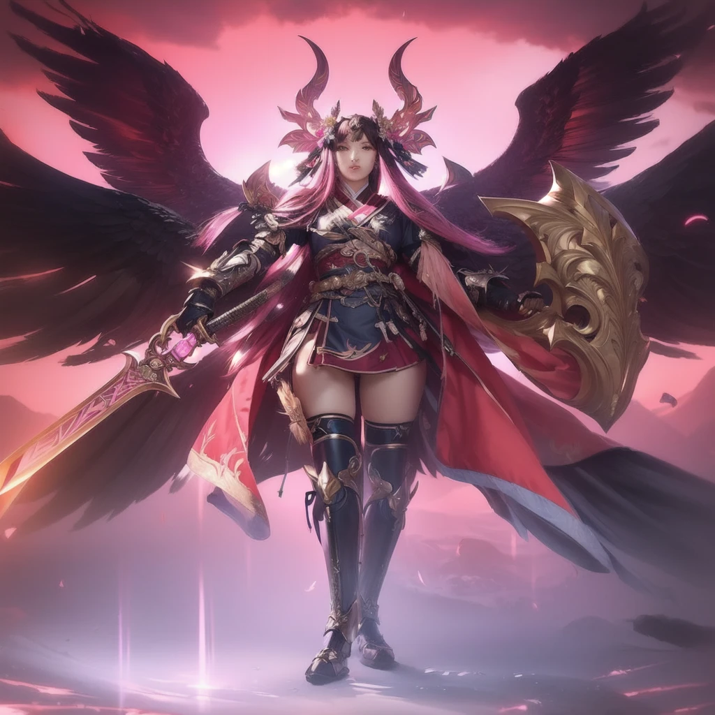 a woman with wings and armor holding a sword in front of a pink sky, extremely detailed artgerm, onmyoji detailed art, realistic