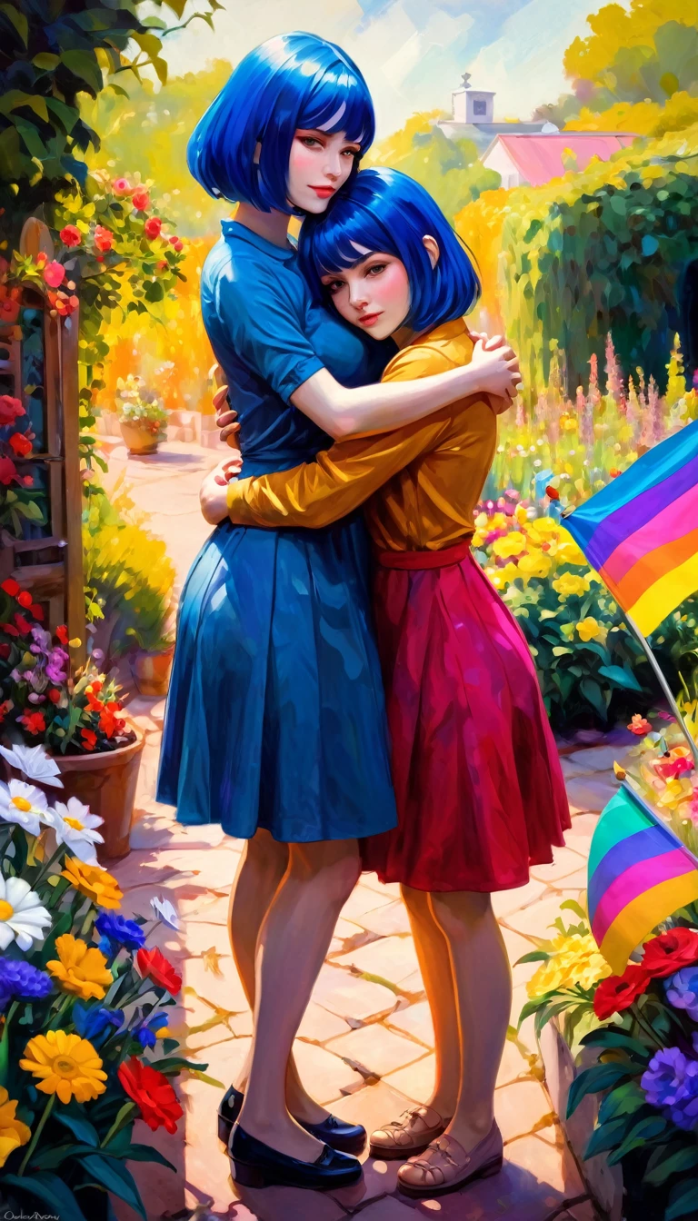 a beautiful girl with long flowing hair, a girl with short blue hair, two girls hugging and embracing, two girls holding hands, two girls in a garden, two girls surrounded by colorful flowers, two girls with pride flags, two girls with loving expressions, oil painting, chiaroscuro lighting, vibrant color palette, dramatic lighting, masterpiece, high quality, hyperrealistic, cinematic composition, surreal elements, Bill Sienkiewicz inspired art style
