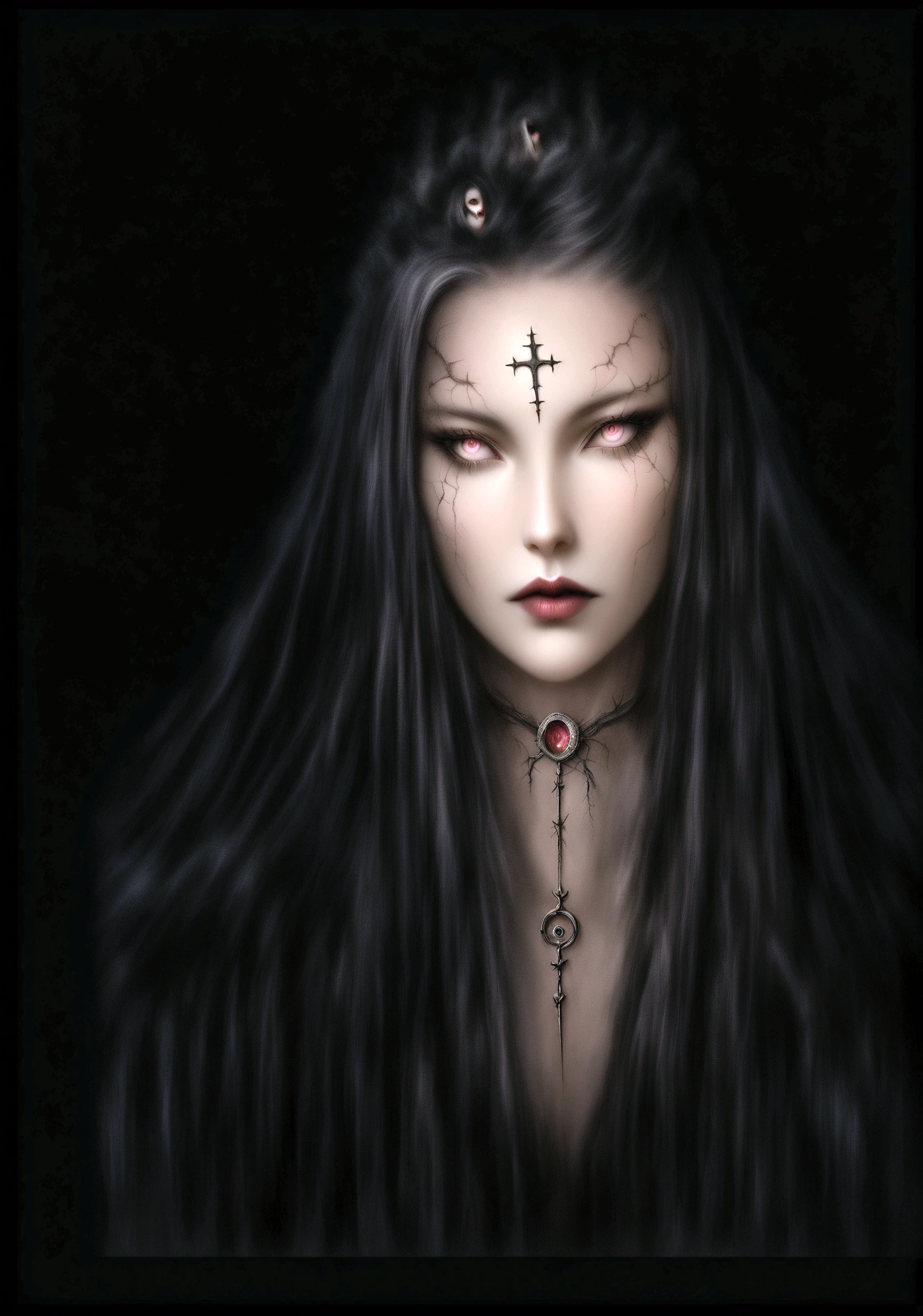 arafed woman with a cross on her forehead and a cross on her forehead, dark fantasy portrait, portrait of a dark witch, in style of dark fantasy art, portrait of a female necromancer, vampire portrait, beautiful necromancer, gothic face, with haunted eyes and dark hair, dark fantasy style art, dark fantasy mixed with realism