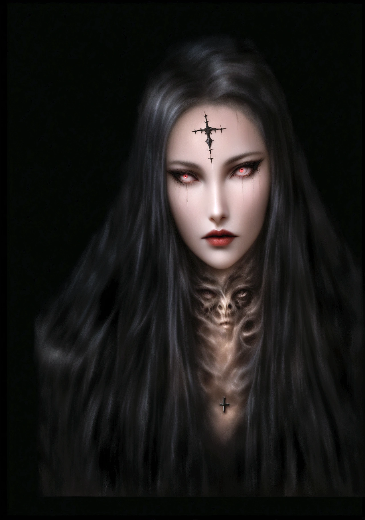 arafed woman with a cross on her forehead and a cross on her forehead, dark fantasy portrait, portrait of a dark witch, in style of dark fantasy art, portrait of a female necromancer, vampire portrait, beautiful necromancer, gothic face, with haunted eyes and dark hair, dark fantasy style art, dark fantasy mixed with realism