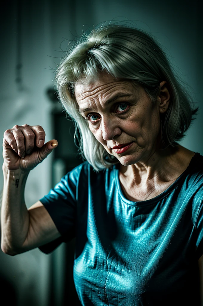 Elderly woman extending her arm. The old woman has bright eyes with a very bright glow. Horror night scene.