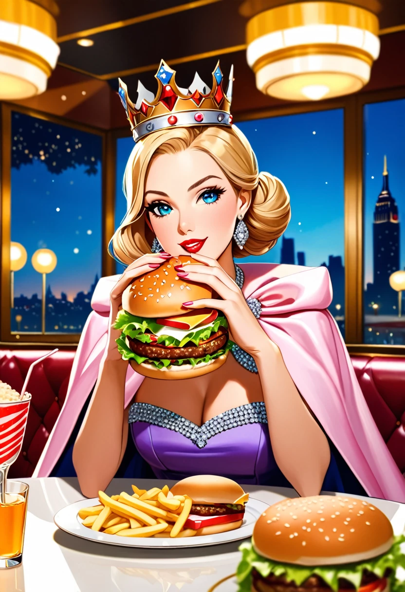 picture of a royal adult queen eating a juicy hamburger, royal queen, blond hair, in a bun, dynamic eye color, wearing a royal (crown:1.2). elegant crown, glamour crown, wearing elegant dress, royal dress, royal cloak, high fashion, wearing high heels, sitting in diner, eating a juicy hamburger, delicious hamburger, her (scepter: 1.1) is on the table American diner background, she enjoys the hamburger, Cinematic Hollywood Film