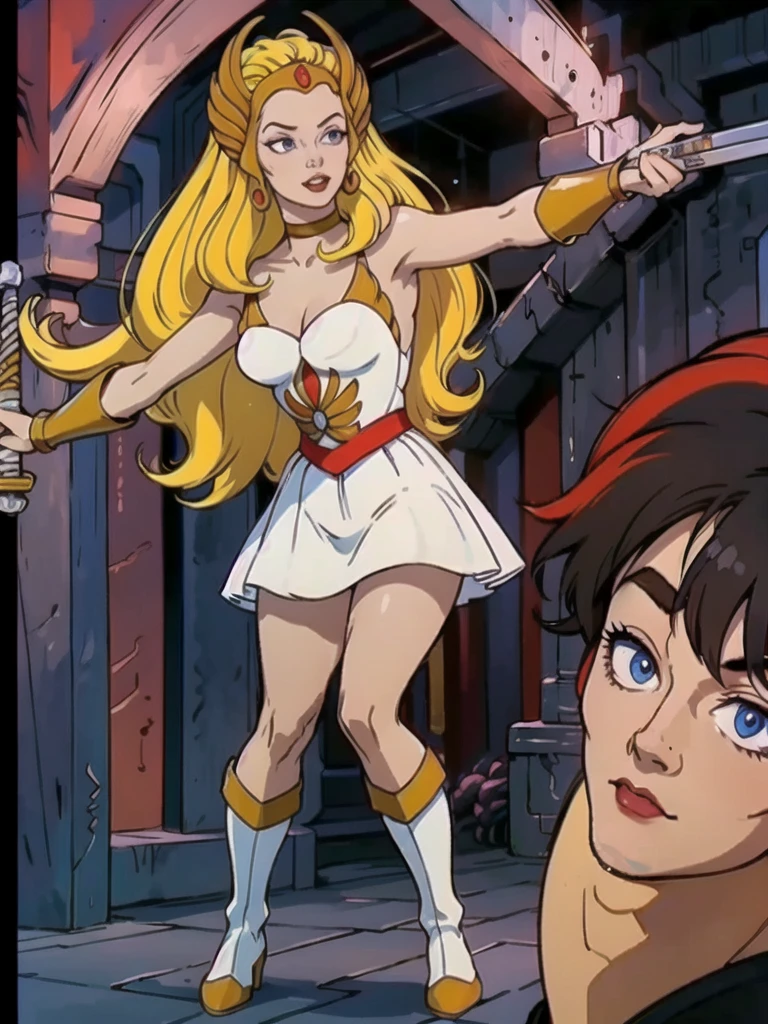 raw photo of a 1 girl, (Alone:1.3), 1 girl, Alone, she-ra, wide, by rubio, Blue eyes, tiara, White dress, choker, red layer, make up, lipstick, old, medium old, brace, wristband, looking at the viewer, portrait, weapon, sword, layer, parody, Grayskull Sword, sword of power, Boots, classification:safe, 1980s \(Style\), retro artStyle, dynamic pose, cocky smile, high , (muscled body:1.3), (female hands:1.3), cutaneous denture, narrow waist, Thighs, Wide hips, half eye closed, eyeliner, eyelashes, Perfect face, detailed eyes, facial lighting, looking at the viewer (Masterpiece, high quality:1.2)