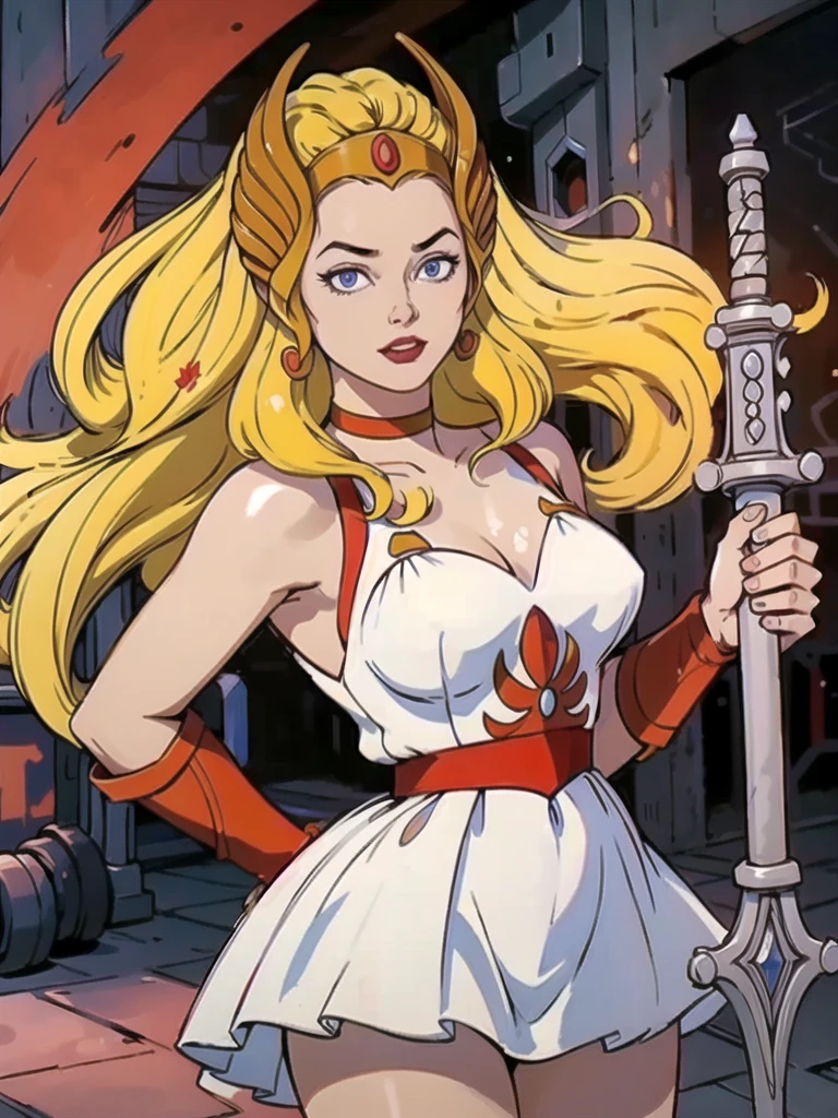 raw photo of a 1 girl, (Alone:1.3), 1 girl, Alone, she-ra, wide, by rubio, Blue eyes, tiara, White dress, choker, red layer, make up, lipstick, old, medium old, brace, wristband, looking at the viewer, portrait, weapon, sword, layer, parody, Grayskull Sword, sword of power, Boots, classification:safe, 1980s \(Style\), retro artStyle, dynamic pose, cocky smile, high , (muscled body:1.3), (female hands:1.3), cutaneous denture, narrow waist, Thighs, Wide hips, half eye closed, eyeliner, eyelashes, Perfect face, detailed eyes, facial lighting, looking at the viewer (Masterpiece, high quality:1.2)
