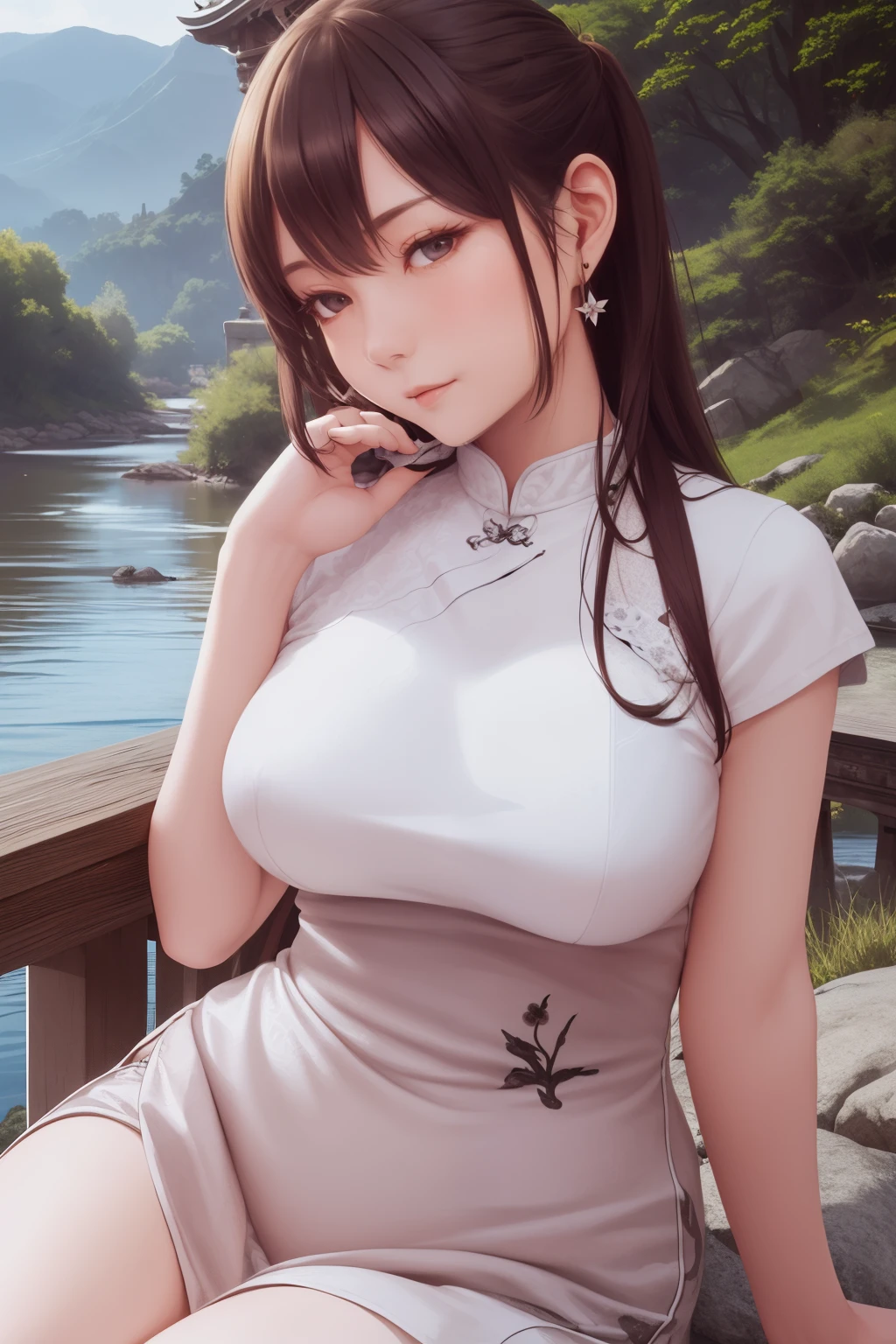 Upper Body, oil painting, masterpiece, best quality, High resolution, long brown hair, jewelry hairpin, Big breasts,riverside and rock or temple or bridge, Very clothes, sitting, (Song, song costumes:1.2),