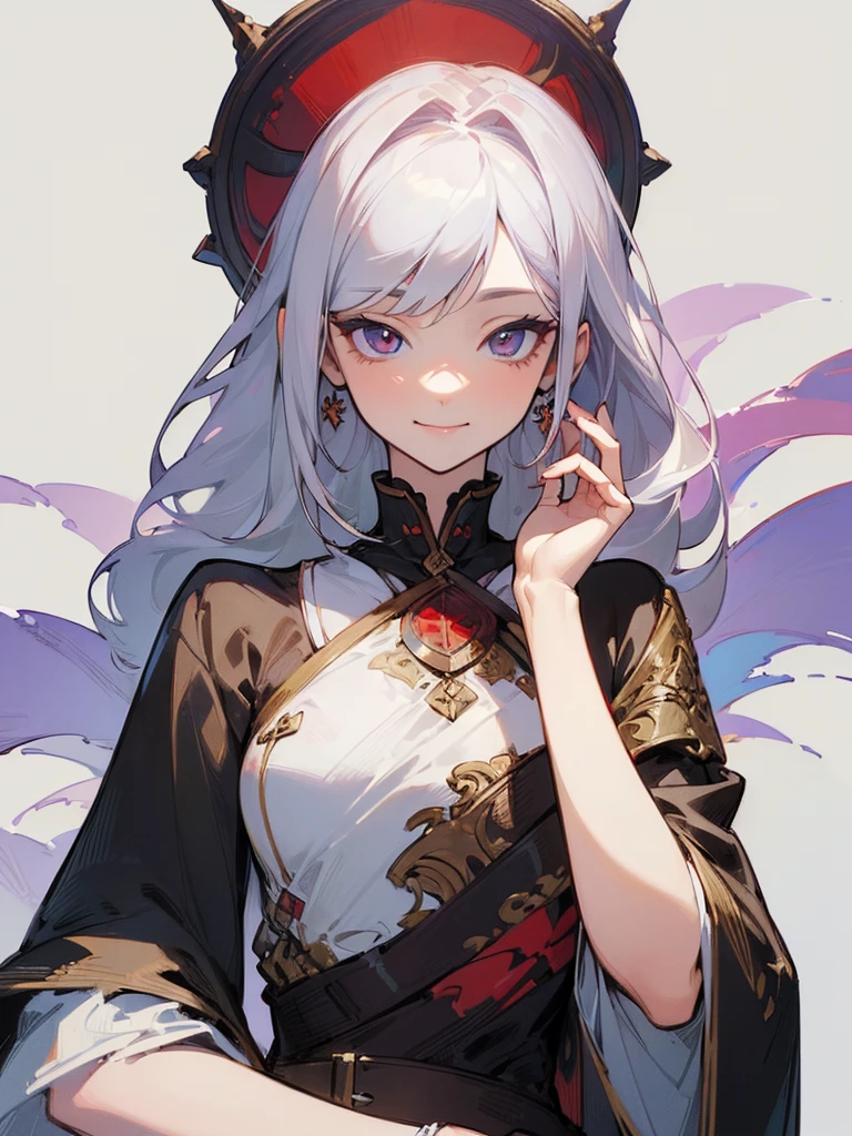 (masterpiece, illustration, best quality, detailed,highres:1.4), a lady, red iris, smiling, beautiful, white hair, tilting head, hand supporting chin,