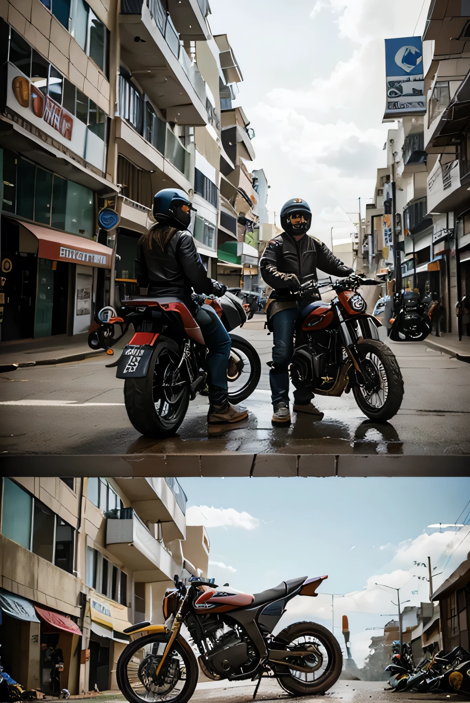 Two identical motorcycles, one dirty from use in the city and a clean real motorcycle, a very common brand in Colombia Pereira