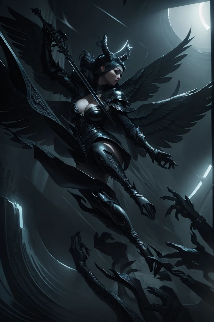 blindfolded, Divine judgement, sending from the sky, dynamic pose, A beautiful angel woman with huge wings, giant horns, facing forward, in a melancholy pose, with a beautiful sharp face, ultra-detailed, hyper realistic, cinematic lighting, dark moody colors, dramatic shadows, intricate details, ethereal, fantasy, elegant, photorealistic, body armor, showing no emotion, grey skin