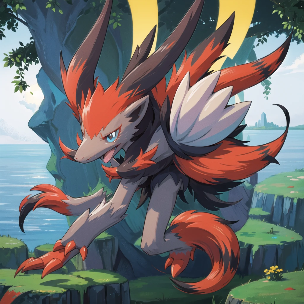 (masterpiece, best quality:1.2),solo,zoroark \(pokemon\),pokemon \(creature\),full body,no humans,forest, lake,