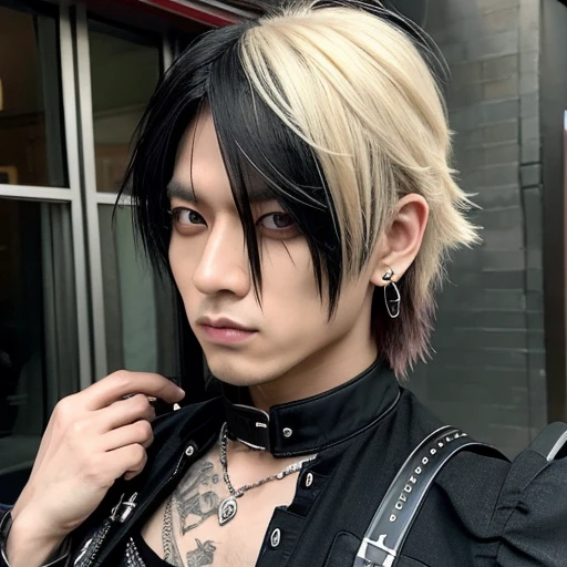 1 japanese male rocker, asien eyes, Visual Kai hairstyle, ultra detailed face and body, hyperrealistic, realistic representation, muscular, broad shoulders, tattoos gothic style, piercings, Visual Kei style, hairstyle Visual Kei, blond, 40 years old, age 40 outfit gothic streampunk, men's shirt and black pants, Asian eyes, eyes Asian, long hair, long hair