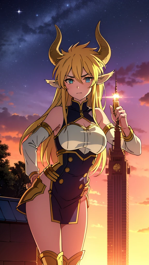 dreamy, colorful, sharp focus,fine detail, 8k resolution, ((glowing lights)),sunset sky,city,trees,1girl,20 years old,solo,long hair,blond hair,horns,golden armor,cow ears,golden statue,on top of a skyscraper