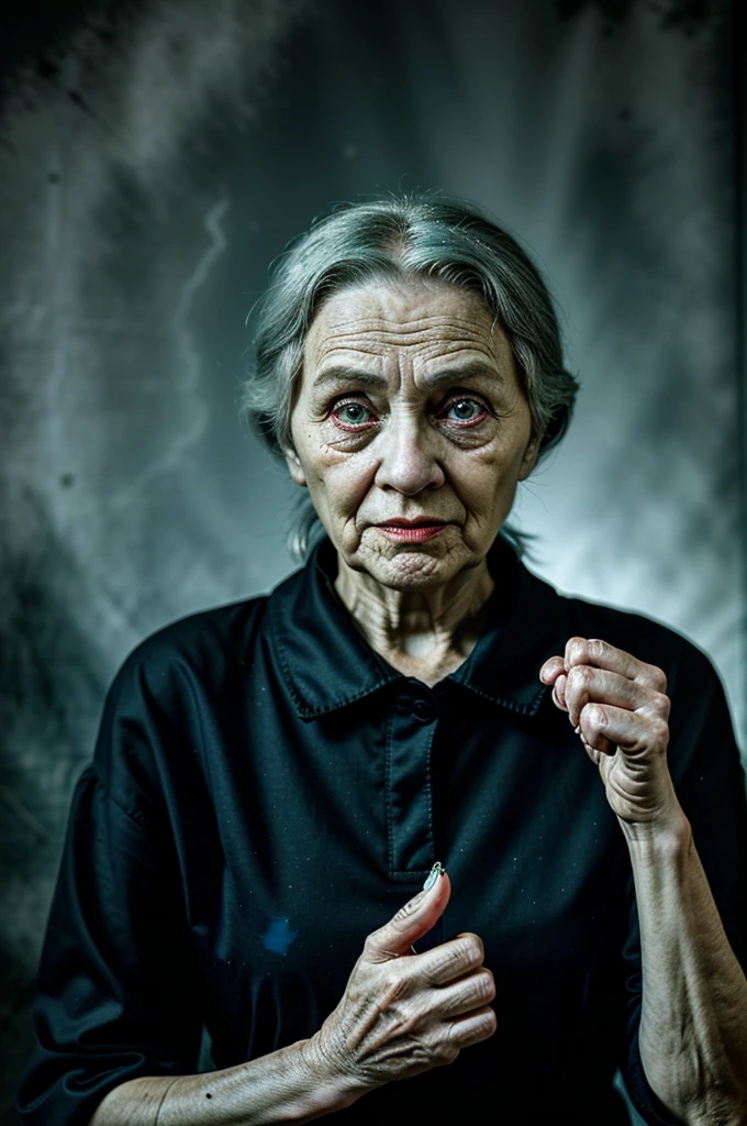 Old woman extending her hand as if she wants to catch something. The old woman has bright eyes with a very bright glow. Horror night scene.