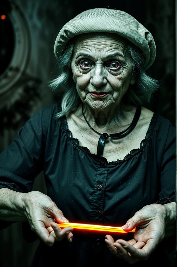Old woman extending her hand as if she wants to catch something. The old woman has bright eyes with a very bright glow. Horror night scene.