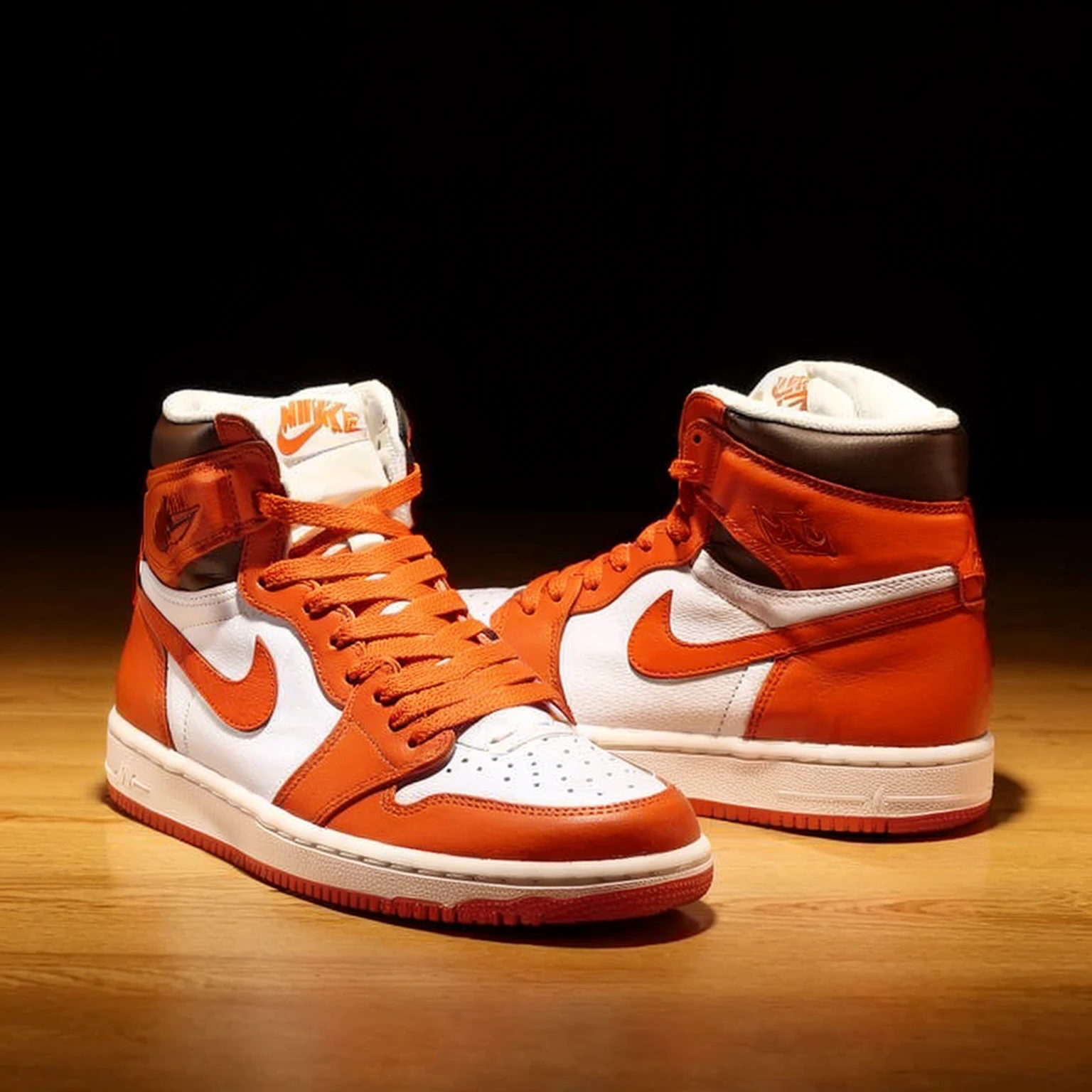 A detailed image of a Nike Air Force sneaker, side view, tilted with the back part elevated and the front tip touching the ground, iconic white leather, perforated toe box, Nike swoosh logo, thick rubber sole, detailed stitching, high-resolution, photorealistic, background: 100% white