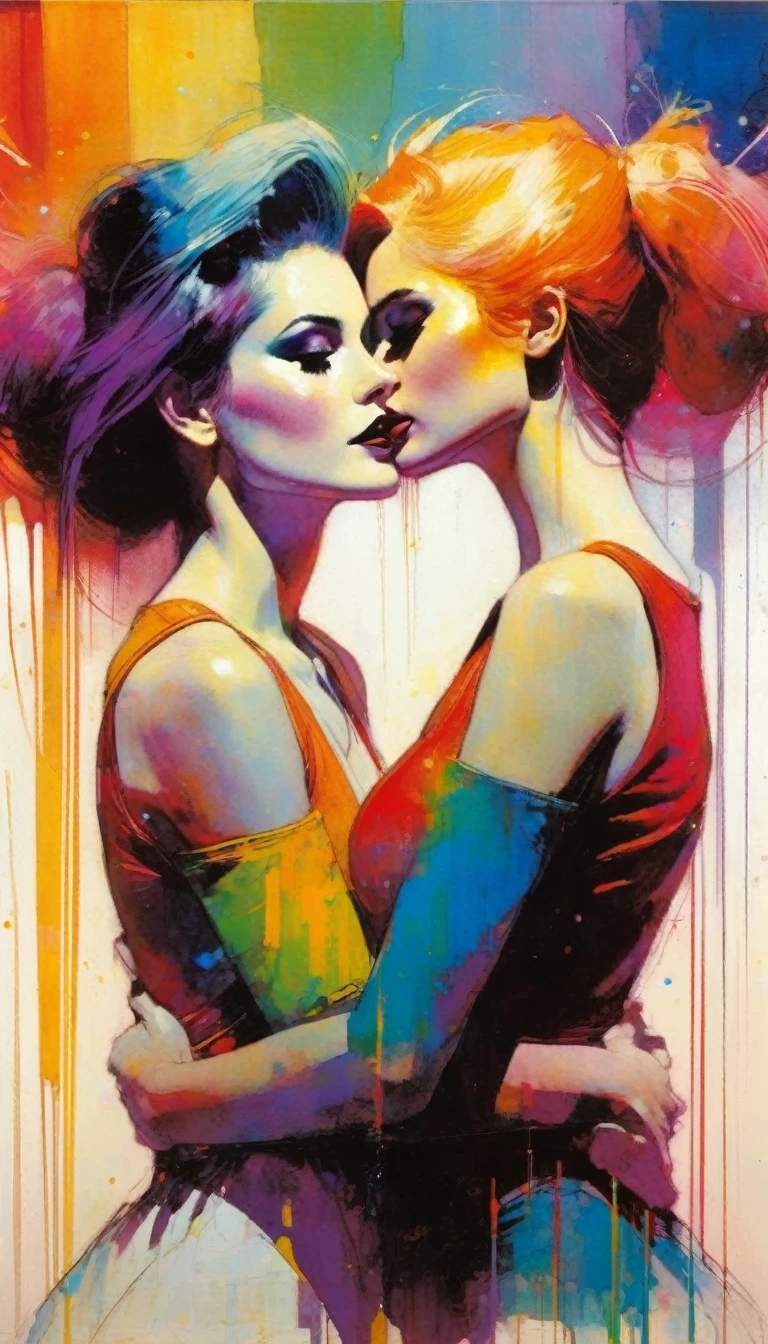 two girls love, pride (art inspired by Bill Sienkiewicz ). oil painting)