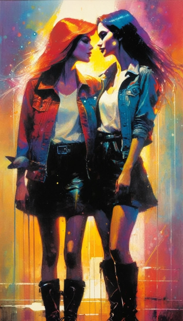 two girls love, pride (art inspired by Bill Sienkiewicz ). oil painting)