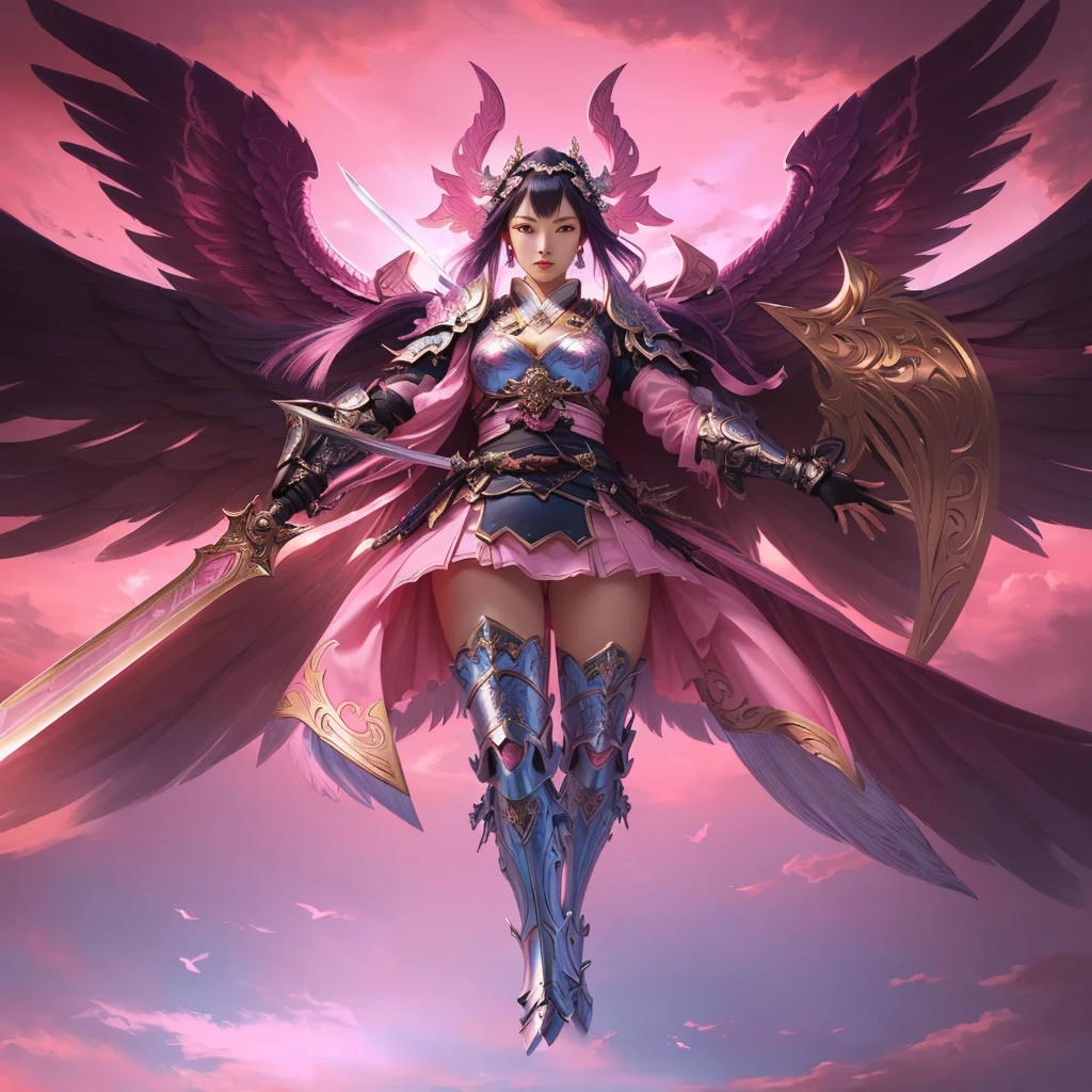a woman with wings and armor holding a sword in front of a pink sky, extremely detailed artgerm, onmyoji detailed art, realistic