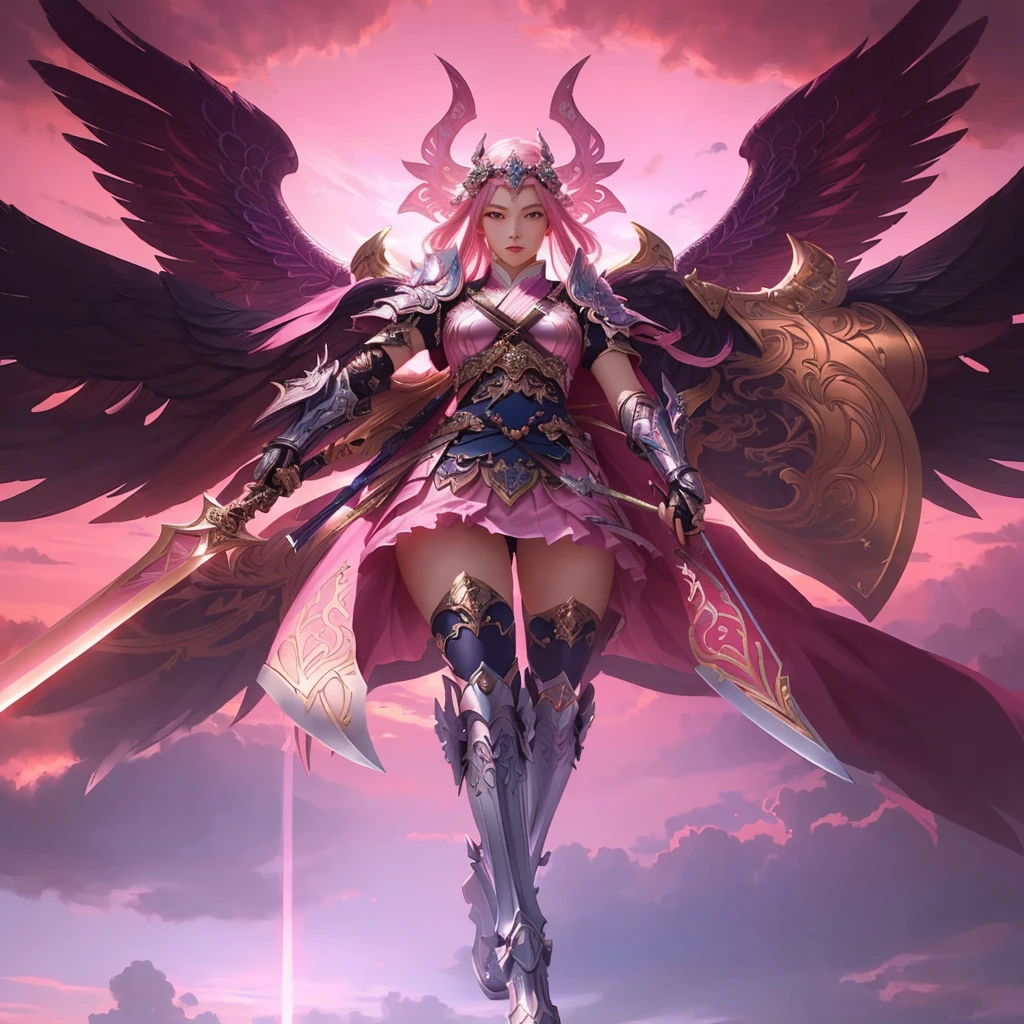 a woman with wings and armor holding a sword in front of a pink sky, extremely detailed artgerm, onmyoji detailed art, realistic