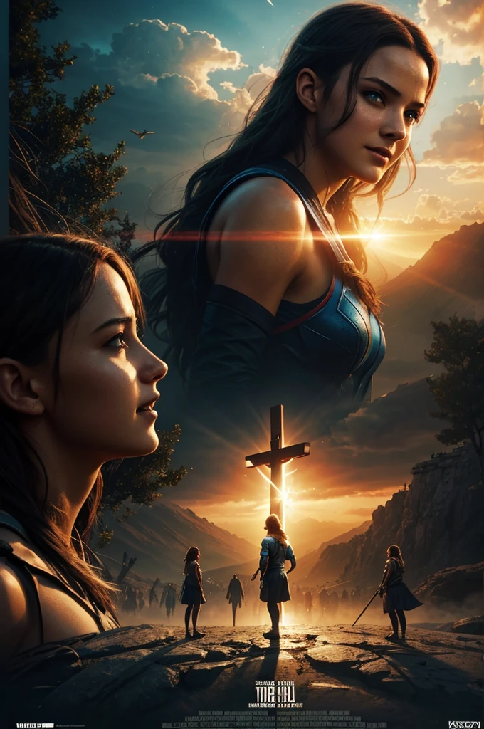 Intensely the film, a captivating poster for the superhero movie. The composition exudes cinematic lighting and color grading. A view of four teenage girls talking and laughing. Behind is the scene of Israel, of the Cross where Jesus was crucified. .A bright and hopeful atmosphere. Inspired by the conceptual works of Maciej Kuciara, Jama Jurabayev, and Wojtek Fus, this poster incorporates a rich cinematic color gradation.