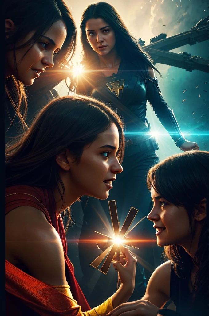 Intensely the film, a captivating poster for the superhero movie. The composition exudes cinematic lighting and color grading. A view of four teenage girls talking and laughing. Behind is the scene of Israel, of the Cross where Jesus was crucified. .A bright and hopeful atmosphere.  Inspired by the conceptual works of Maciej Kuciara, Jama Jurabayev, and Wojtek Fus, this poster incorporates a rich cinematic color gradation.
