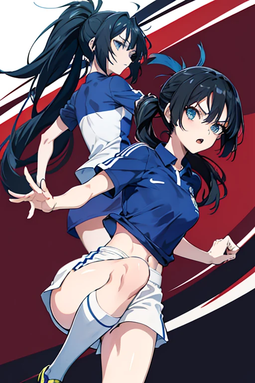 (anime ,2D) Women, soccer player , average height ,clear skin,thin face ,serious expression,blue eyes,black hair , waist length ,fringe ,collected in a ponytail,Skinny body,,small waist, France national team uniform, In a soccer field ,kicking a ball with a super technique.