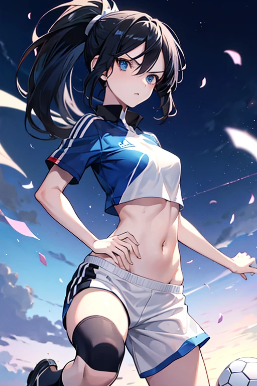 (anime ,2D) Women, soccer player , average height ,clear skin,thin face ,serious expression,blue eyes,black hair , waist length ,fringe ,collected in a ponytail,Skinny body,big breasts,small waist, France national team uniform, In a soccer field ,kicking a ball with a super technique.