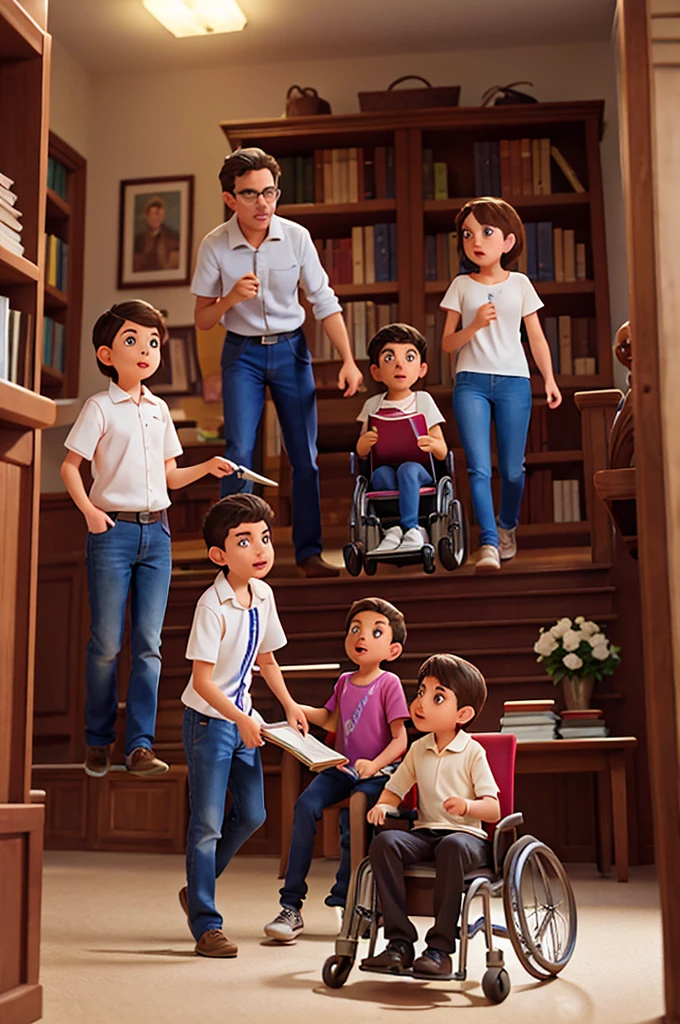 Uncle Roberto guides the four students: Thomas, his, Sara and Leo (wheelchair user), exploring the library.