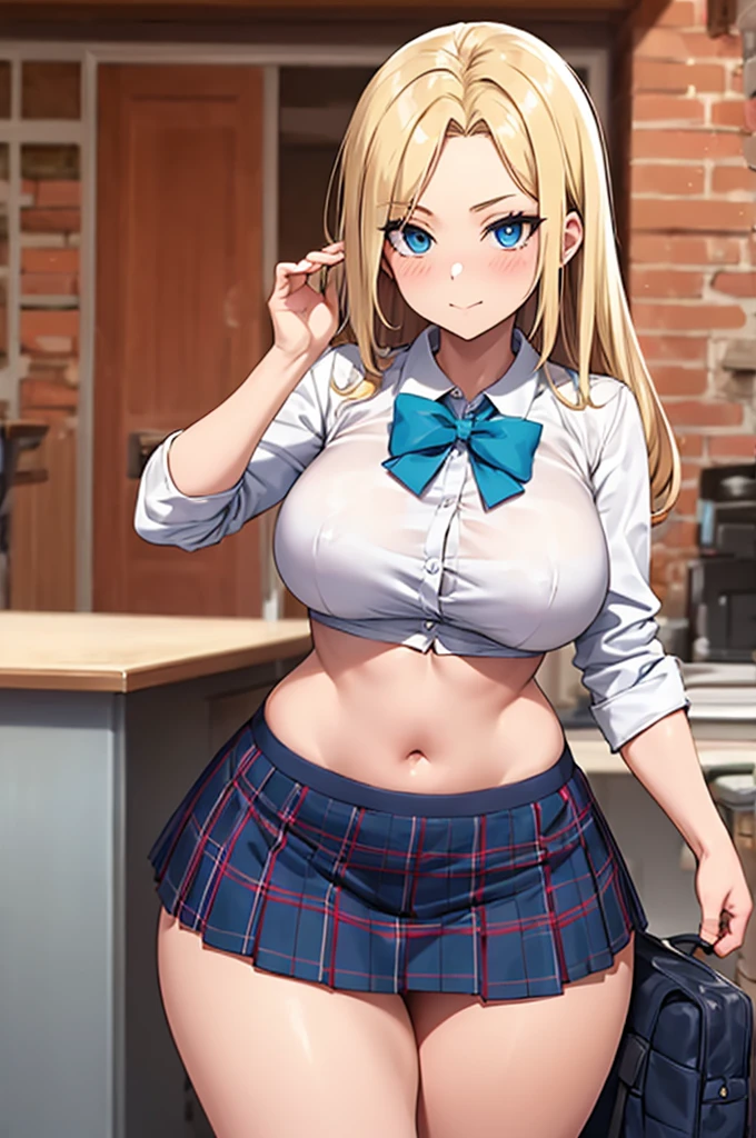 young anime girl,  breast  in .  blue eye.  hair blonde . thick thighs .Sexy Student Costume Plaid   Thong Skirt 