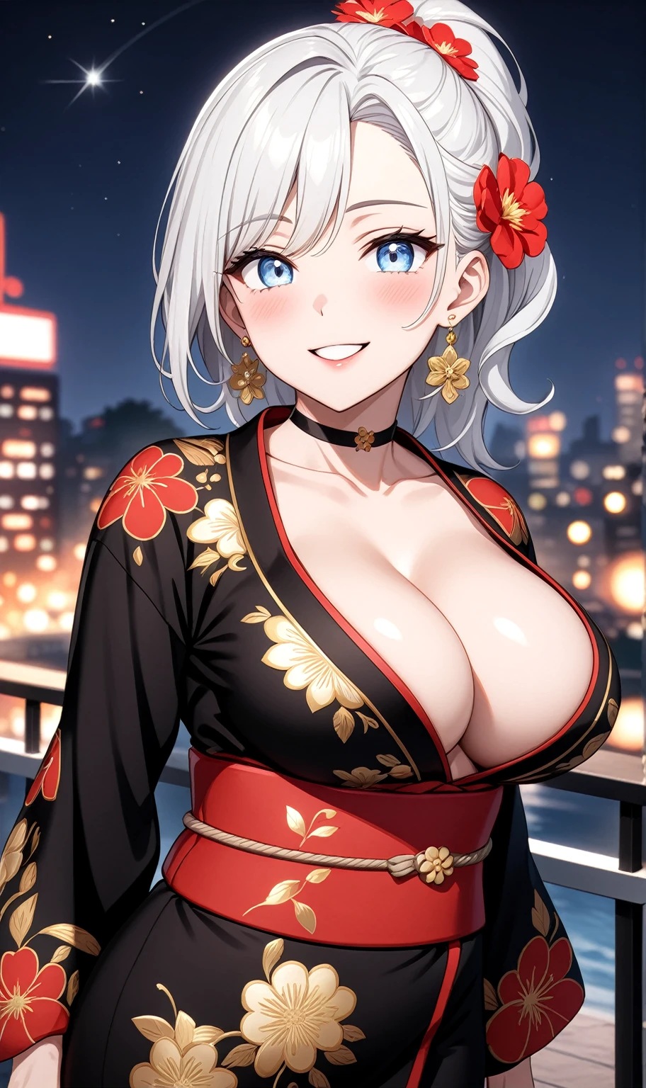 ((One personの女性)), Beautiful Face,Laughing embarrassedly,((Wink:1.7)), ((Captivating smile:1.1)), (Tilt your head:1.2), Laugh with your mouth wide open,((Bright red cheeks:1.4)),Shiny red lips,night,rooftop,You can see the ocean, firework,Laughing with your mouth open,Facial Lighting,((Anime style background)),masterpiece, Highest quality, so beautiful,Latest, Complex details, (Pink long nails), (ring),(bracelet),(choker),AI-generated, Complex,High resolution, Highest quality, super high quality,3D Images、3D Images,One person,Long white hair,High Ponytail,(blue eyes),Anime woman posing for a photo, ((fine grain、Silvery white, clear eyes、Shining Eyes:1.4)),(Squint your eyes:1.1),a hyperRealistic , hyperRealistic , Realistic,Long white hairのアニメ女性, Smooth anime CG art, A woman in a colorful kimono with gold embroidery, (Black long sleeve kimono),Red floral pattern,Long flower hair ornament,Floral Earrings,Mature Body,(Big Breasts:1.1),Tall,Abdominal muscles,Tight waist,(Zoom up to face:1.4),Photographed from the front