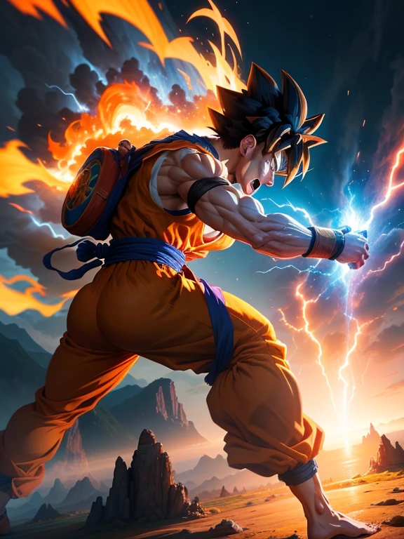 Goku and Okuyasho merged into an epic, detailed image. Mastery in quality and lighting. Impressive and impressive landscapes. Dynamic and powerful action. Improved shadow and highlight effects.