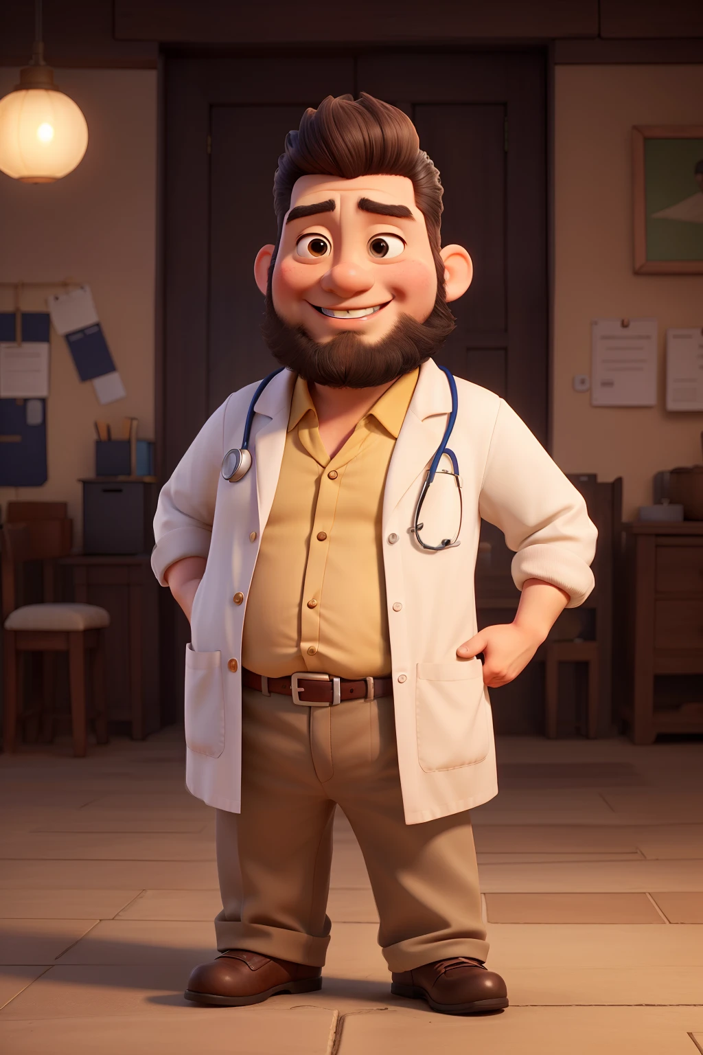 chubby doctor, Cao Cao, offwhite, clear, centered and bright eye, with beard and short hair and smiling 