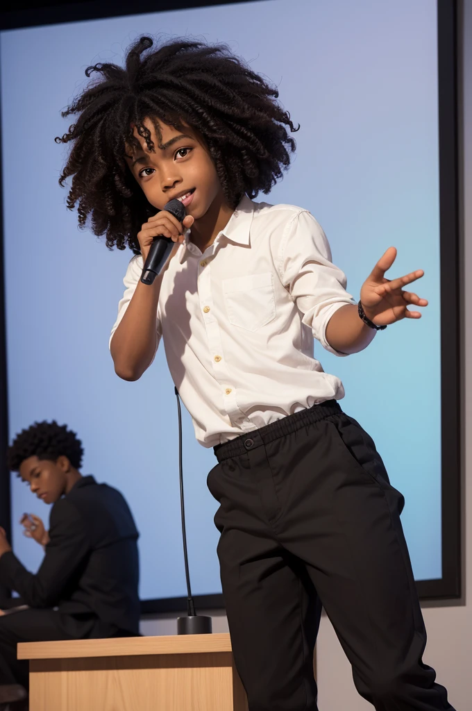 A black boy character with curly hair in a position as if he was presenting something