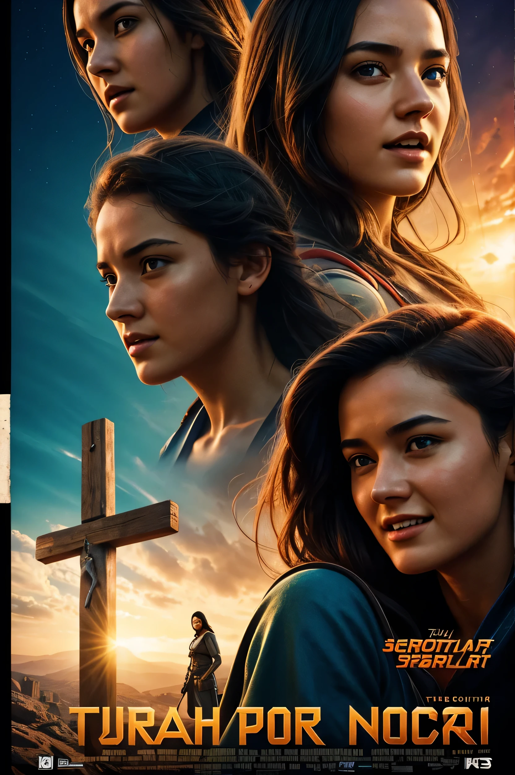 Intensely the film, a captivating poster for the superhero movie. The composition exudes cinematic lighting and color grading. A view of four teenage girls talking and laughing. Behind is the scene of Israel, of the Cross where Jesus was crucified. A bright and hopeful atmosphere.. Inspired by the conceptual works of Maciej Kuciara, Jama Jurabayev and Wojtek Fus, this poster incorporates a rich cinematic color gradation reminiscent of Kodak Porta 400 and Cinestill 800 film, shot through a Leica M10 lens, with a high cinematograph contrast.