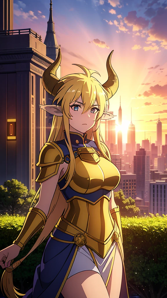 dreamy, colorful, sharp focus,fine detail, 8k resolution, ((glowing lights)),sunset sky,city,trees,1girl,30 years old,solo,long hair,blond hair,horns,golden knight armor,cow ears,golden statue,on top of a skyscraper