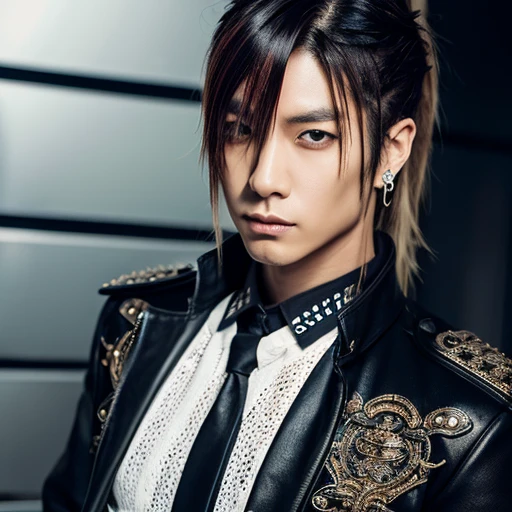 1 japanese male rocker, asien eyes, Visual Kai hairstyle, ultra detailed face and body, hyperrealistic, realistic representation, muscular, broad shoulders, tattoos gothic style, piercings, Visual Kei style, hairstyle Visual Kei, blond, 40 years old, age 40 outfit gothic streampunk, men's shirt and black pants, Asian eyes, eyes Asian, long hair, long hair