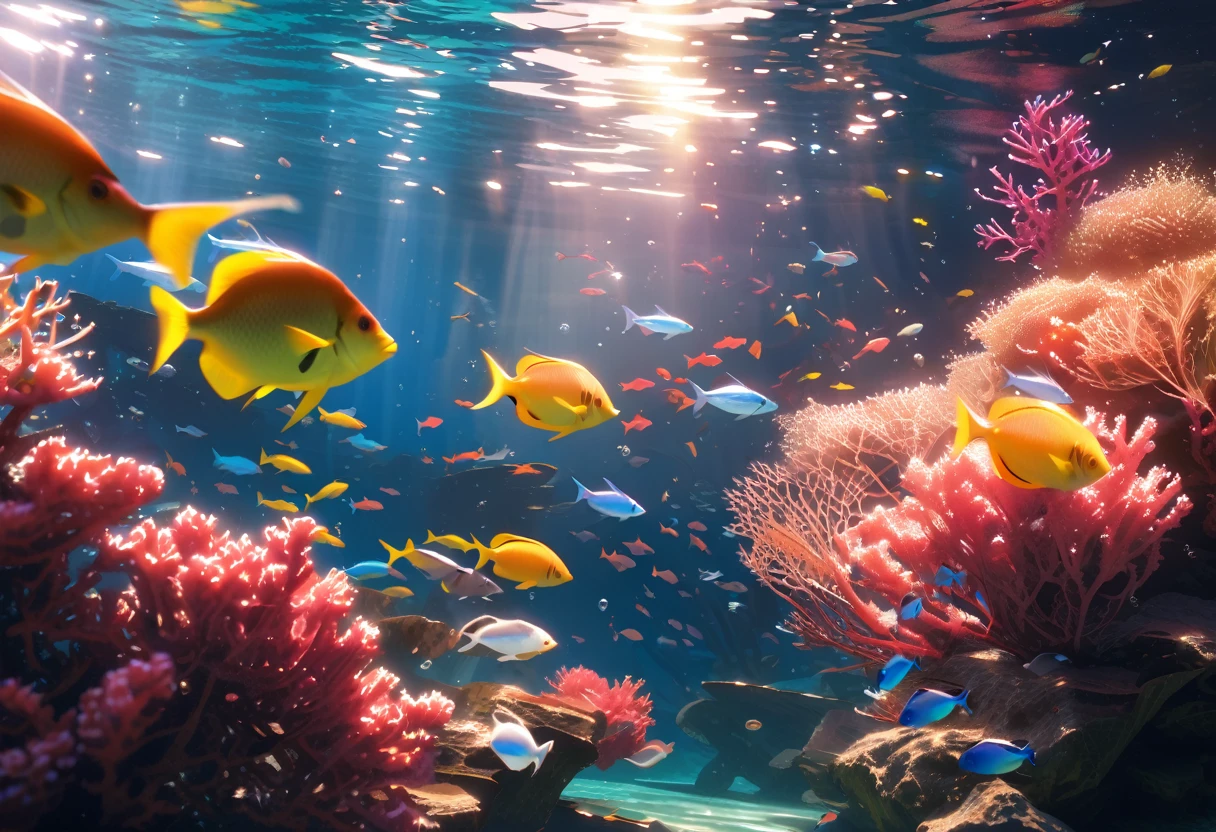 Soothing underwater scene, tranquil, clear blue water, gentle waves, sunlight filtering through, colorful fish, swaying seaweed, soft coral, serene atmosphere, calming, photorealistic, high detail, ethereal lighting, cinematic shot.bubbles