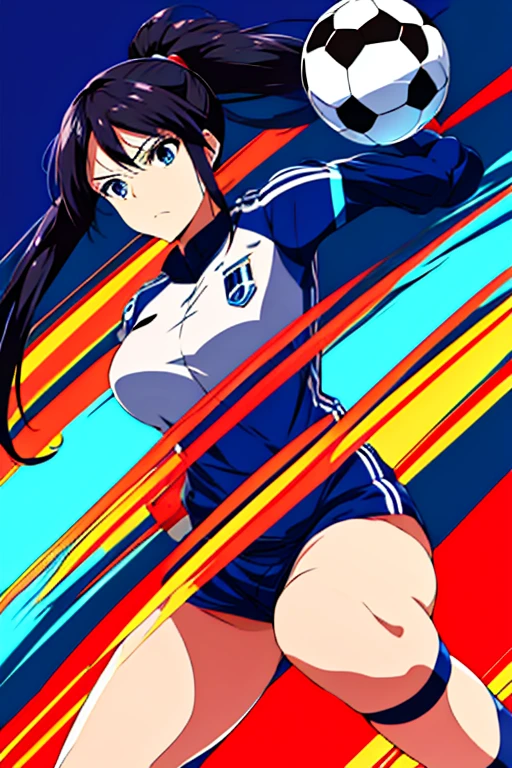 (anime ,2D) Women, soccer player , average height ,clear skin,thin face ,serious expression,blue eyes,black hair , waist length ,fringe ,collected in a ponytail,Skinny body,big breasts,small waist, France national team uniform, In a soccer field ,kicking a ball with a super technique.