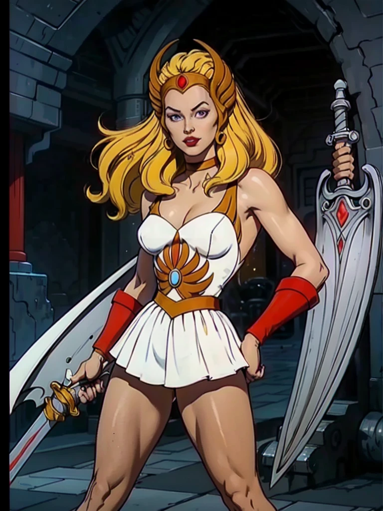 raw photo of a 1 girl, (Alone:1.3), 1 girl, Alone, she-ra, wide, by rubio, Blue eyes, tiara, White dress, choker, red layer, make up, lipstick, old, medium old, brace, wristband, looking at the viewer, portrait, weapon, sword, layer, parody, Grayskull Sword, sword of power, Boots, classification:safe, 1980s \(Style\), retro artStyle, dynamic pose, cocky smile, high , (muscled body:1.3), (female hands:1.3), cutaneous denture, narrow waist, Thighs, Wide hips, half eye closed, eyeliner, eyelashes, Perfect face, detailed eyes, facial lighting, looking at the viewer (Masterpiece, high quality:1.2)