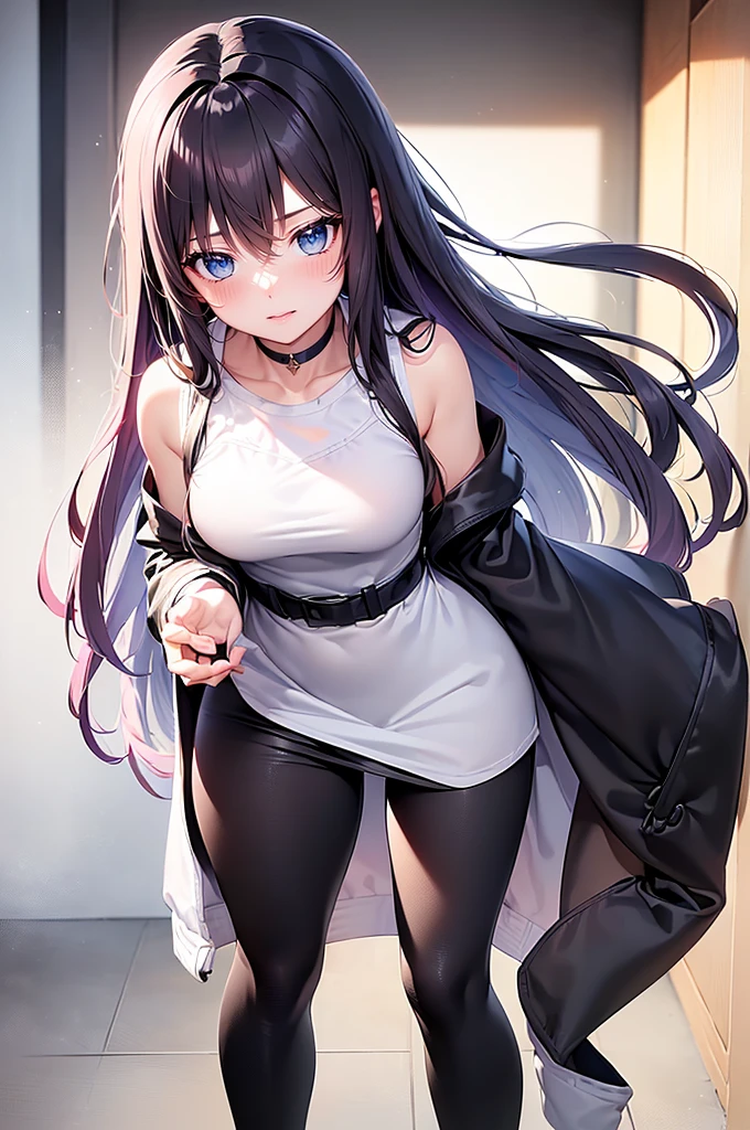 (4K works))、masterpiece、(top-quality)、In front of the wall、Korean female、hi-school girl、((High school girl 18 years old))、((Face similar to Hyun Jin))、cool lady、tall、((Gentle look))、((Sleepy face))、((Strong eyes))、((Wearing a white T-shirt and a black hooded jacket、Wearing long black pants))、((Wear a black mask))、((smaller face))、Slim body、((How to stand selling fights))、((Cheeky way of standing))、((Bad girl))、((light pink long-haired))、((Light blue eyes))、((shot from front))、((Looking down on the viewer))、((rearing))、((Shot alone))、((Solo Photography))