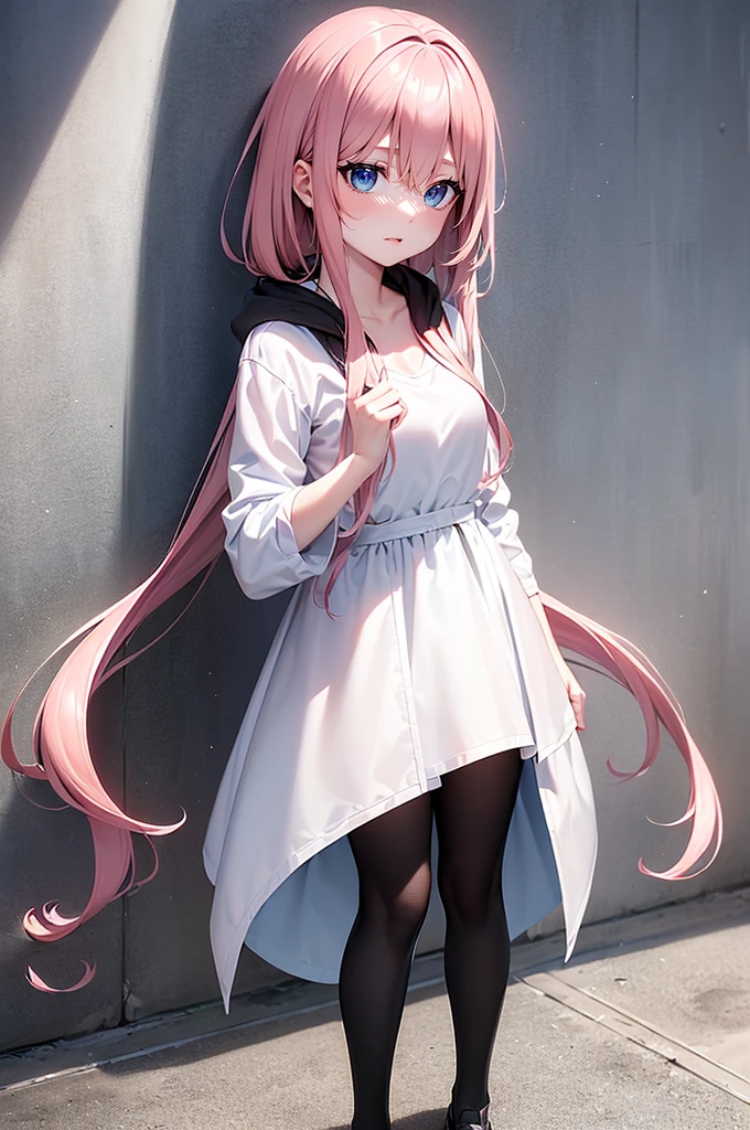 Girl child long pink hair up to foot, dark strong blue eye, navy blue short dress turtleneck and long sleeve,white lace short/panties,white pantyhose,yellow shoe/doll shoe,childish body, skinny,gleaming white skin, floating in outer space all starry with bright white stars,her huge hair is fluttering,she has small pink lips, rosy cheeks, small pink nose,wears white gloves,her skin is very white,her short flowing dress,her big eyes bright dark strong blue
