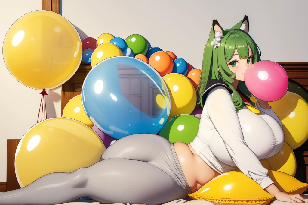 SHAYMIN, large breasts, serafuku, anthropomorphic, fursona, furry, anthro, seductive smile, relaxed, flirty, black shirt, gray pants, green eyes, green hair, feminine body, big breasts, wide waist, wide hips, massive thighs, big ass, slightly fat body, bbw, 1girl, (blowing yellow balloon, looner, large balloon, laying on top of a inflated balloon, balloon laying, big balloon, balloon, balloon fetish, laying on balloon, lay on balloon), wooden house interior, looking at viewer, night, in her bedroom