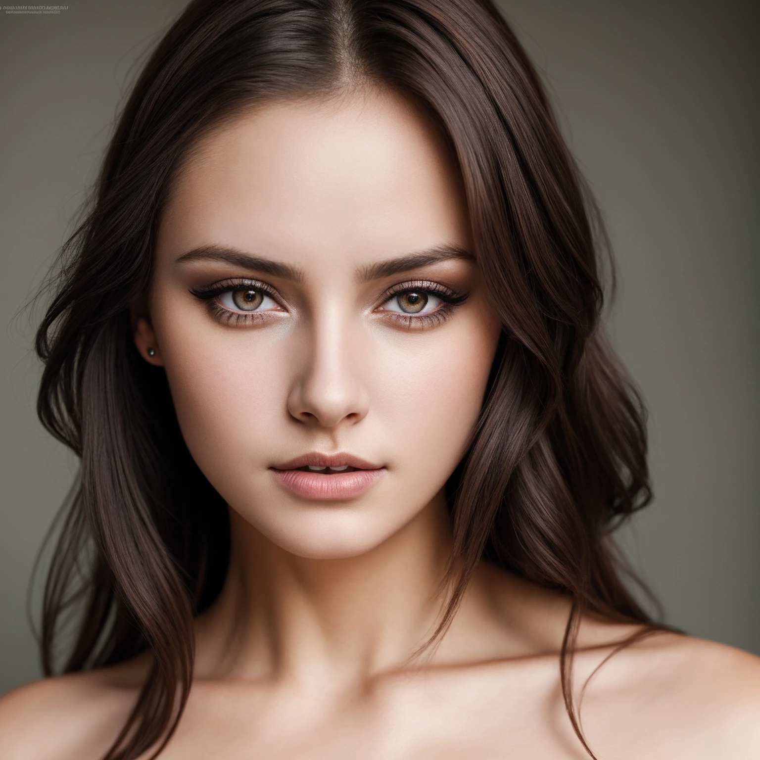 Pretty Lady,, dark make-up, Hyper detailed photography, smooth light, head and breast portrait, cover, big breast, breast detailed, best quality, (detailed beautiful face, detail skin texture, ultra-detailed body:1.1) brown hair, Hazel Eyes 18 Years Teen