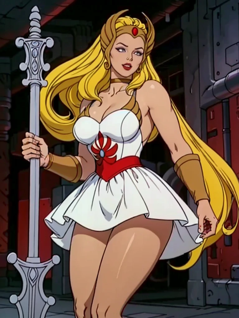 raw photo of a 1 girl, (Alone:1.3), 1 girl, Alone, she-ra, wide, by rubio, Blue eyes, tiara, White dress, choker, red layer, make up, lipstick, old, medium old, brace, wristband, looking at the viewer, portrait, weapon, sword, layer, parody, Grayskull Sword, sword of power, Boots, classification:safe, 1980s \(Style\), retro artStyle, dynamic pose, cocky smile, high , (muscled body:1.3), (female hands:1.3), cutaneous denture, narrow waist, Thighs, Wide hips, half eye closed, eyeliner, eyelashes, Perfect face, detailed eyes, facial lighting, looking at the viewer (Masterpiece, high quality:1.2)
