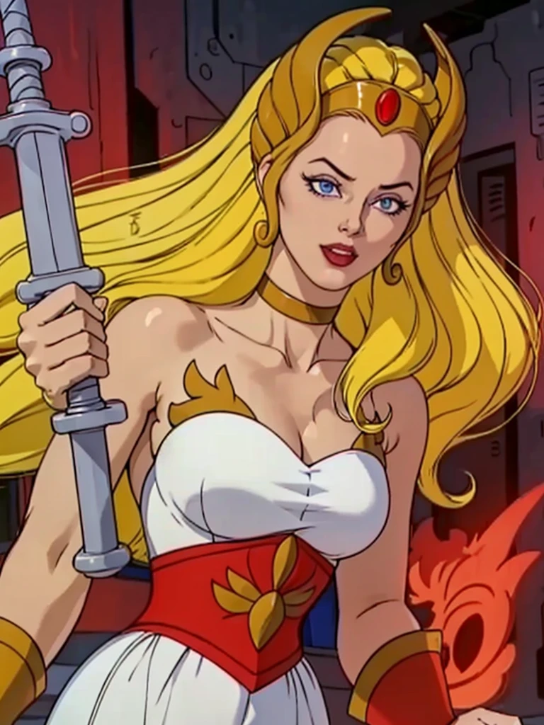 raw photo of a 1 girl, (Alone:1.3), 1 girl, Alone, she-ra, wide, by rubio, Blue eyes, tiara, White dress, choker, red layer, make up, lipstick, old, medium old, brace, wristband, looking at the viewer, portrait, weapon, sword, layer, parody, Grayskull Sword, sword of power, Boots, classification:safe, 1980s \(Style\), retro artStyle, dynamic pose, cocky smile, high , (muscled body:1.3), (female hands:1.3), cutaneous denture, narrow waist, Thighs, Wide hips, half eye closed, eyeliner, eyelashes, Perfect face, detailed eyes, facial lighting, looking at the viewer (Masterpiece, high quality:1.2)
